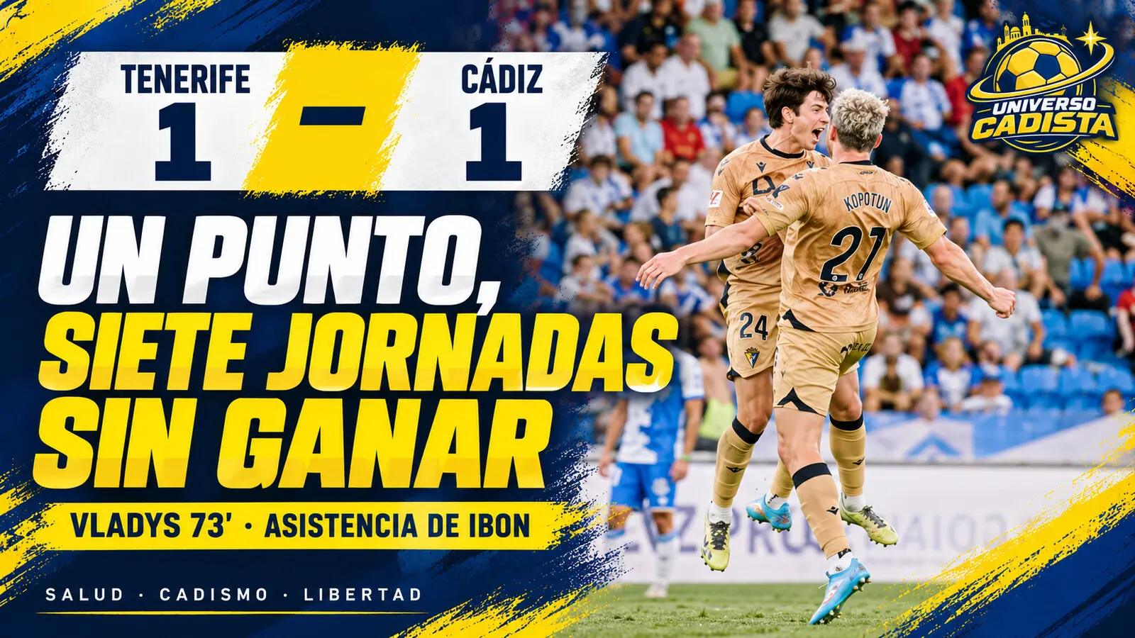 Montaje del Tenerife 1-1 Cádiz con Kopotun celebrando el gol del empate junto a un compañero: Vladys 73, asistencia de Ibon, y el Cádiz con siete jornadas sin ganar