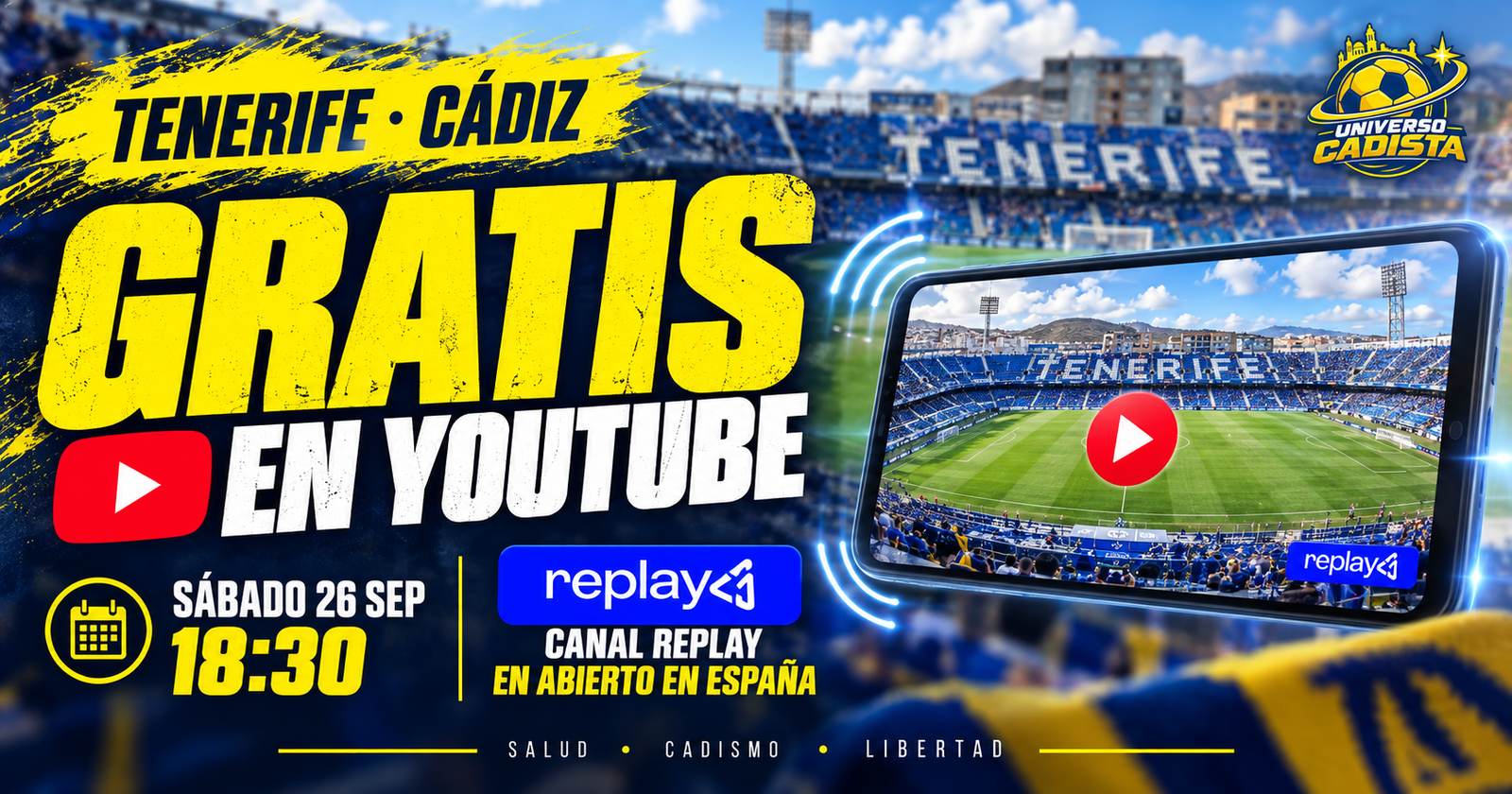 Montaje: Tenerife - Cádiz gratis en YouTube, sábado 26 de septiembre a las 18:30, canal Replay, en abierto en España