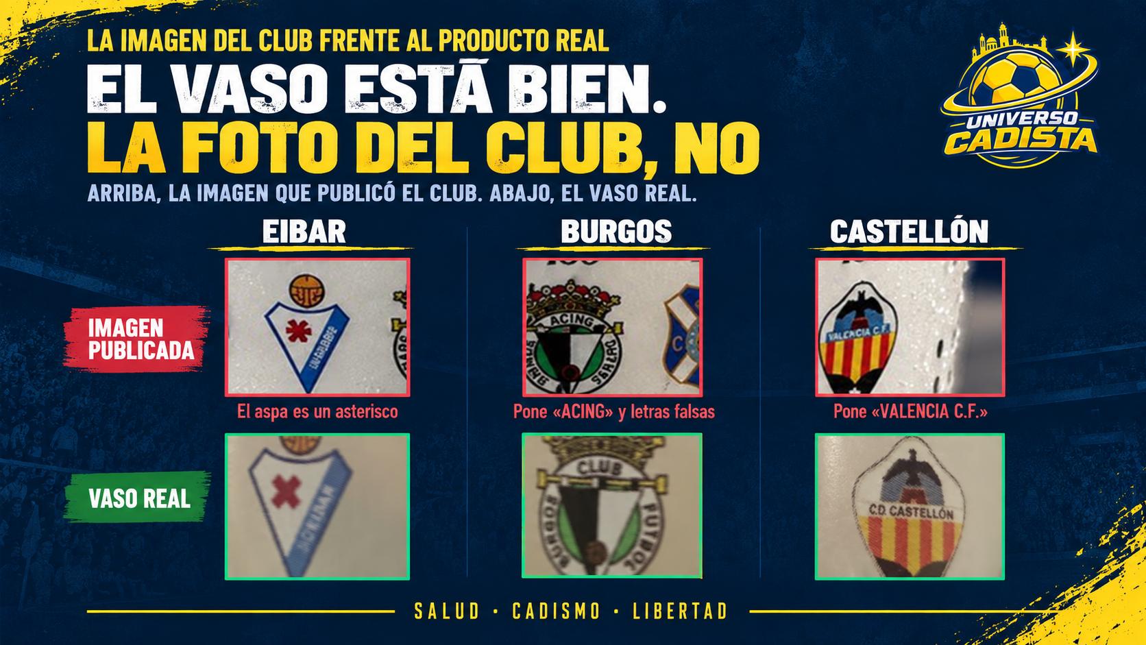 Comparación ampliada entre la imagen promocional del vaso y el vaso real: en la del club el escudo del Castellón pone Valencia C.F., el del Burgos pone ACING y el aspa del Eibar es un asterisco; en el vaso los tres están correctos