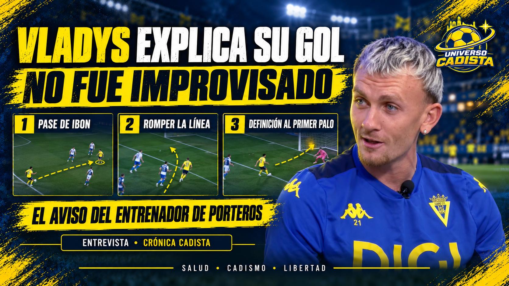 Montaje con Vladys Kopotun en la entrevista y las tres fases de su gol en Tenerife: el pase de Ibon, la ruptura de la línea y la definición al primer palo