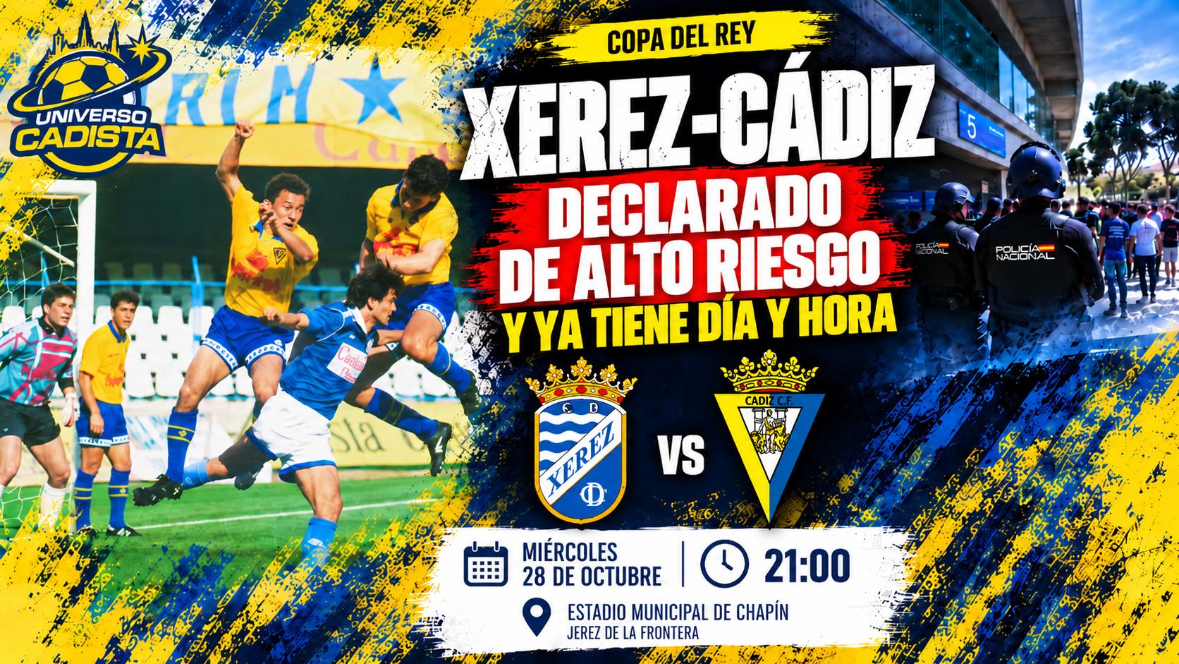 Montaje con los escudos del Xerez CD y del Cádiz CF y una imagen de archivo de un derbi entre ambos: el partido de Copa del Rey, declarado de alto riesgo y fijado para el miércoles 28 de octubre a las 21:00 en el estadio municipal de Chapín
