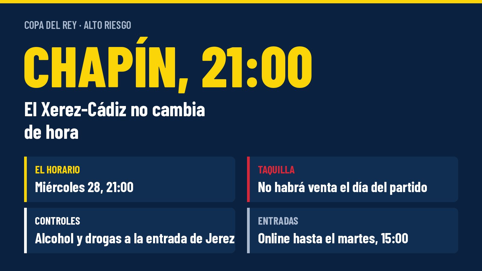 Gráfico de Universo Cadista: el Xerez-Cádiz de Copa no cambia de hora, miércoles 28 a las 21:00 en Chapín; no habrá venta en taquilla el día del partido; controles de alcohol y drogas a la entrada de Jerez; entradas online hasta el martes a las 15:00