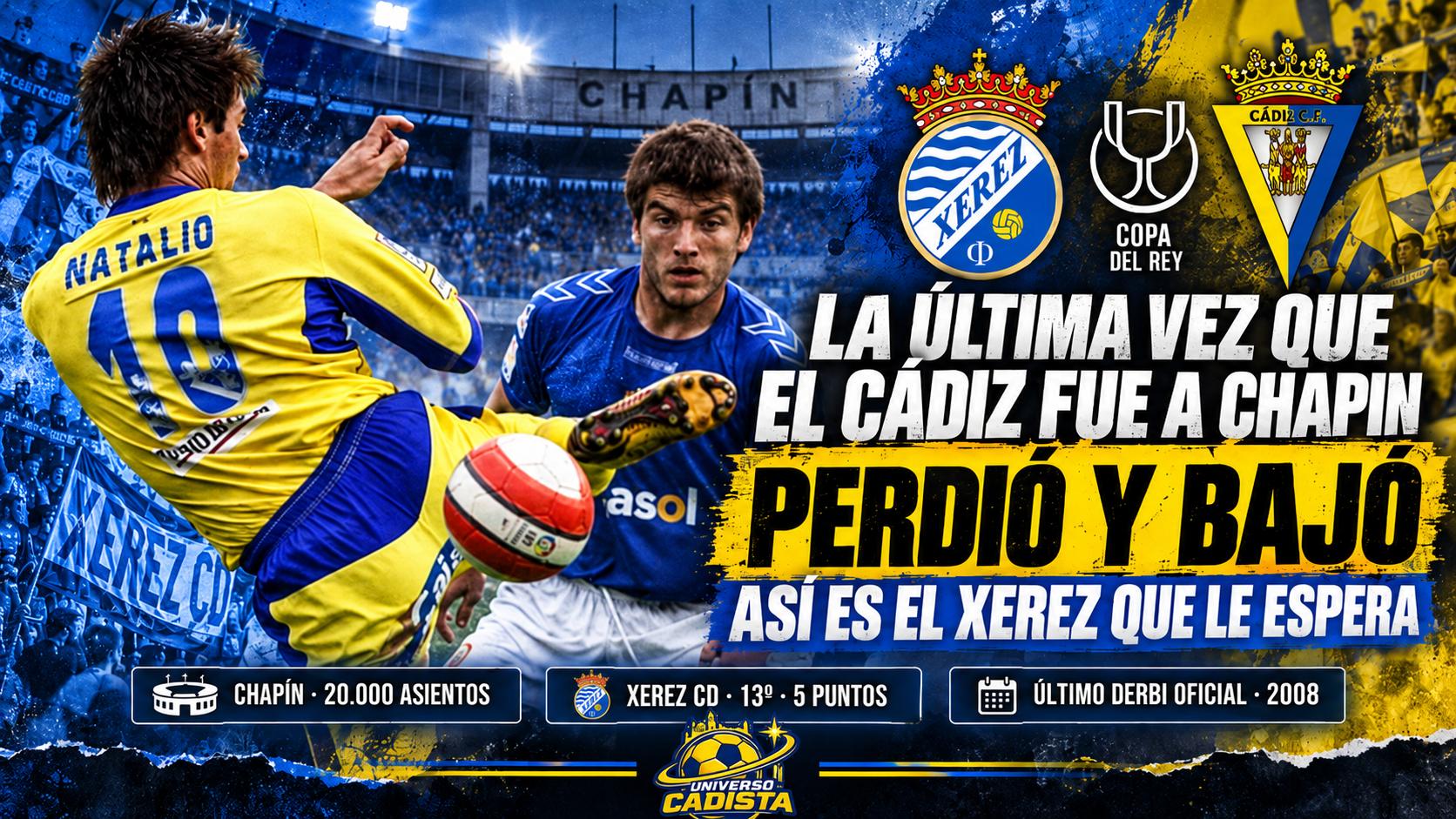 Montaje con una imagen del último derbi oficial entre Xerez y Cádiz, con Natalio disputando el balón a un jugador xerecista en Chapín: el estadio tiene 20.000 asientos, el Xerez va 13.º con cinco puntos y el último derbi oficial fue en 2008